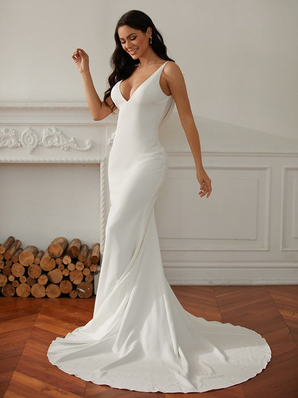 Wholesa  Sheath/Column Stretch Crepe V-neck Sleeveless Court Train Wedding Dresses