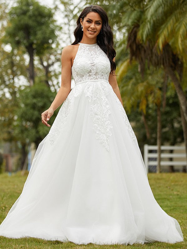 Wholesa  A-Line/Princess Tulle Lace Scoop Sleeveless Sweep/Brush Train Wedding Dresses