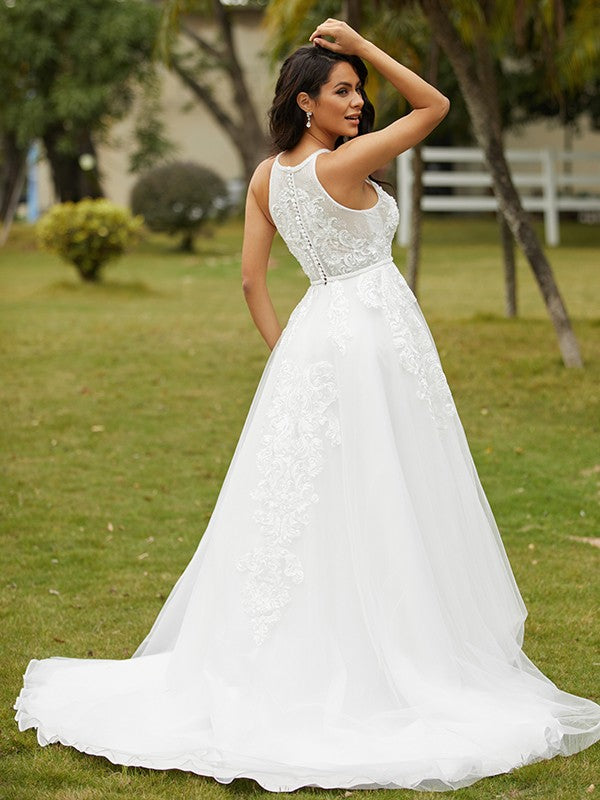 Wholesa  A-Line/Princess Tulle Lace Scoop Sleeveless Sweep/Brush Train Wedding Dresses