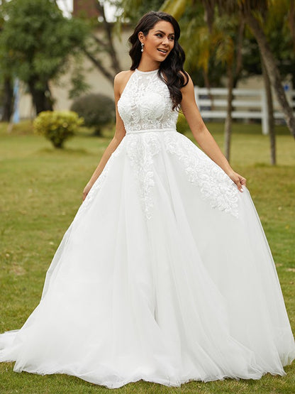 Wholesa  A-Line/Princess Tulle Lace Scoop Sleeveless Sweep/Brush Train Wedding Dresses