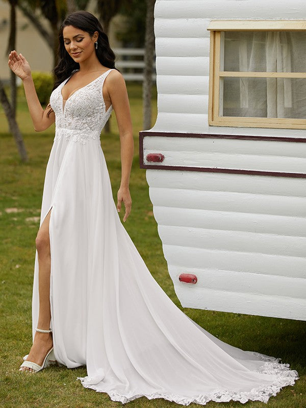 Wholesa  A-Line/Princess Chiffon Lace V-neck Sleeveless Sweep/Brush Train Wedding Dresses