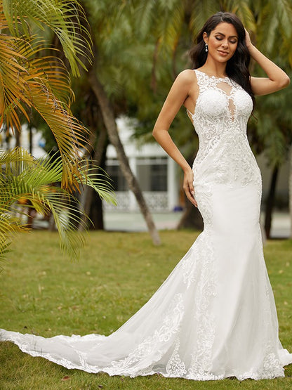 Wholesa  Sheath/Column Stretch Crepe Lace Scoop Sleeveless Cathedral Train Wedding Dresses