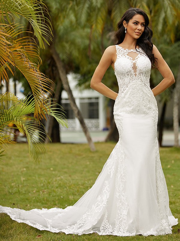 Wholesa  Sheath/Column Stretch Crepe Lace Scoop Sleeveless Cathedral Train Wedding Dresses