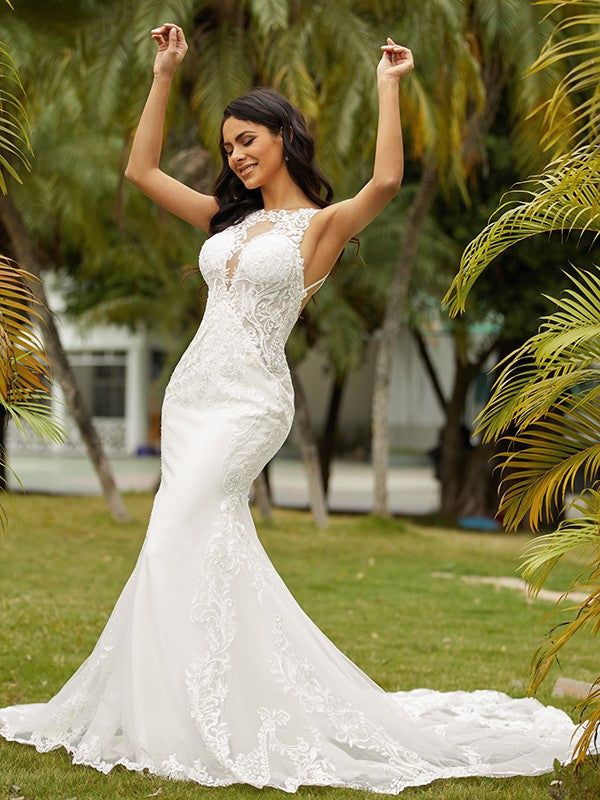 Wholesa  Sheath/Column Stretch Crepe Lace Scoop Sleeveless Cathedral Train Wedding Dresses