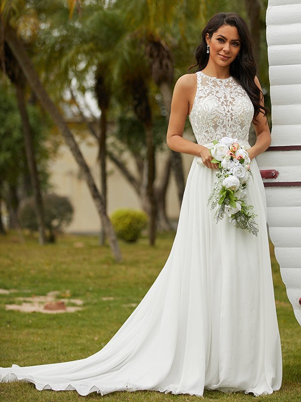 Wholesa  A-Line/Princess Chiffon Lace Scoop Sleeveless Sweep/Brush Train Wedding Dresses