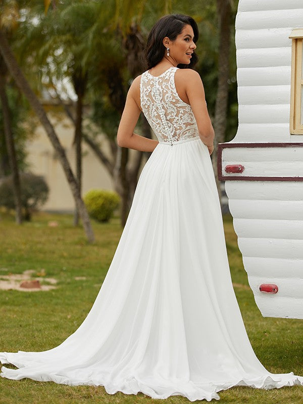 Wholesa  A-Line/Princess Chiffon Lace Scoop Sleeveless Sweep/Brush Train Wedding Dresses