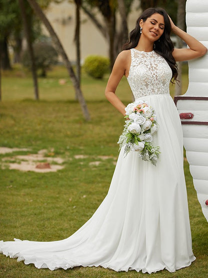 Wholesa  A-Line/Princess Chiffon Lace Scoop Sleeveless Sweep/Brush Train Wedding Dresses