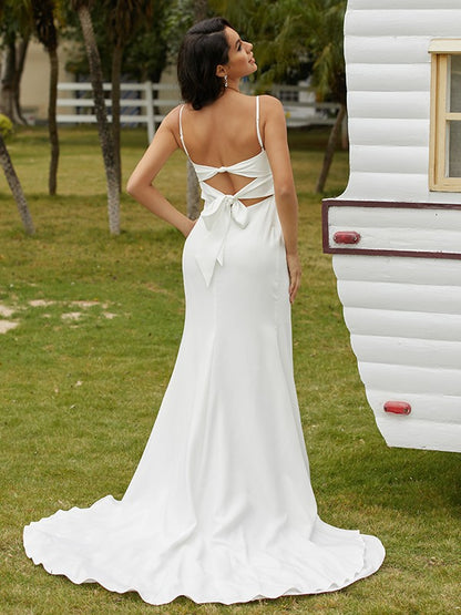 Wholesa  Sheath/Column Stretch Crepe Ruched Spaghetti Straps Sleeveless Sweep/Brush Train Wedding Dresses