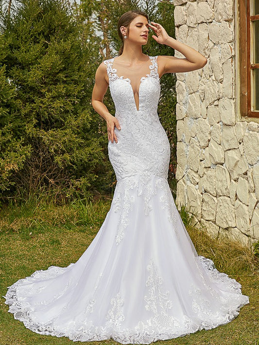 Wholesa  Trumpet/Mermaid Tulle Lace Scoop Sleeveless Court Train Wedding Dresses