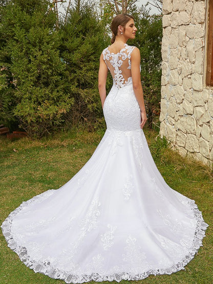 Wholesa  Trumpet/Mermaid Tulle Lace Scoop Sleeveless Court Train Wedding Dresses