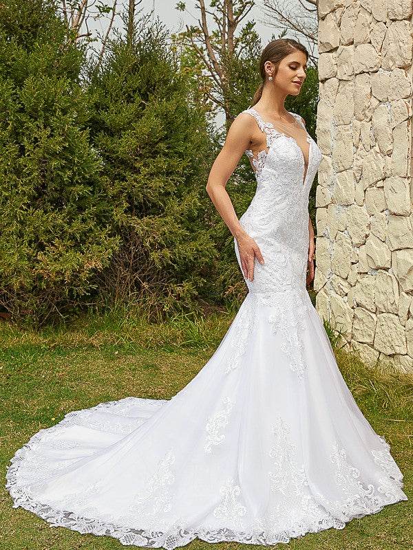 Wholesa  Trumpet/Mermaid Tulle Lace Scoop Sleeveless Court Train Wedding Dresses