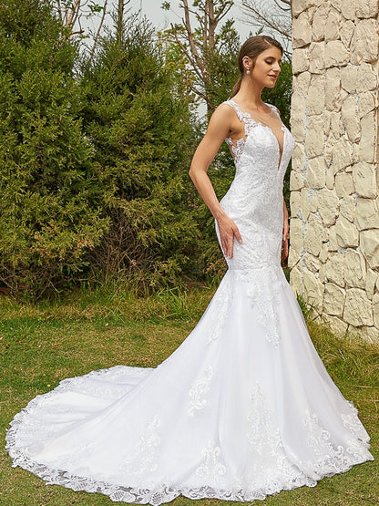 Wholesa  Trumpet/Mermaid Tulle Lace Scoop Sleeveless Court Train Wedding Dresses