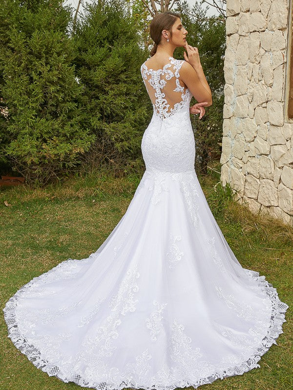 Wholesa  Trumpet/Mermaid Tulle Lace Scoop Sleeveless Court Train Wedding Dresses