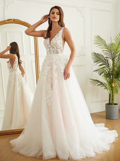 Wholesa  A-Line/Princess Tulle Applique V-neck Sleeveless Chapel Train Wedding Dresses