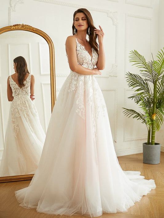 Wholesa  A-Line/Princess Tulle Applique V-neck Sleeveless Chapel Train Wedding Dresses