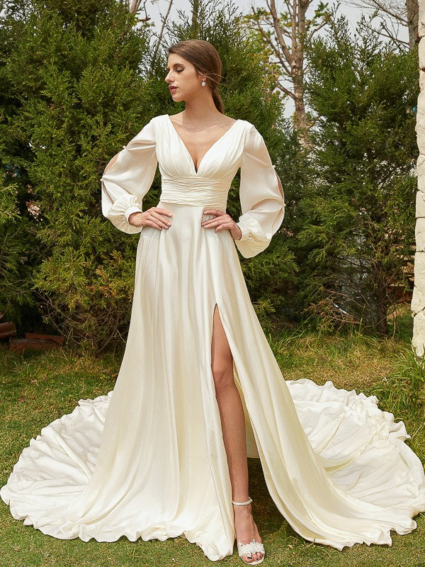 Wholesa  A-Line/Princess Satin Chiffon Ruched V-neck Long Sleeves Cathedral Train Wedding Dresses