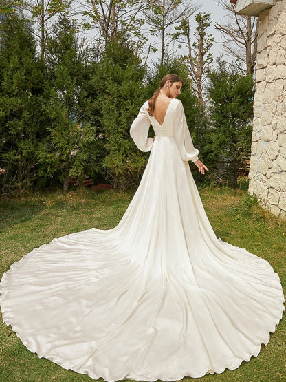 Wholesa  A-Line/Princess Satin Chiffon Ruched V-neck Long Sleeves Cathedral Train Wedding Dresses