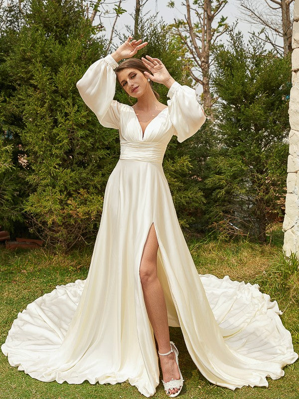 Wholesa  A-Line/Princess Satin Chiffon Ruched V-neck Long Sleeves Cathedral Train Wedding Dresses