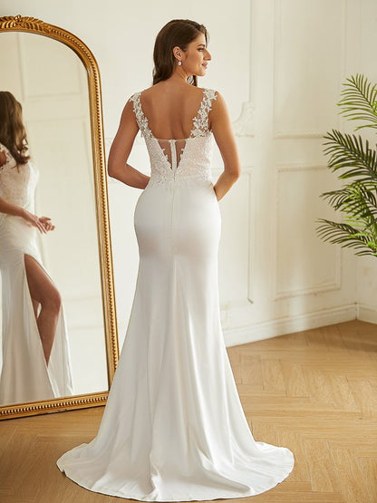 Wholesa  Sheath/Column Charmeuse Lace V-neck Sleeveless Sweep/Brush Train Wedding Dresses