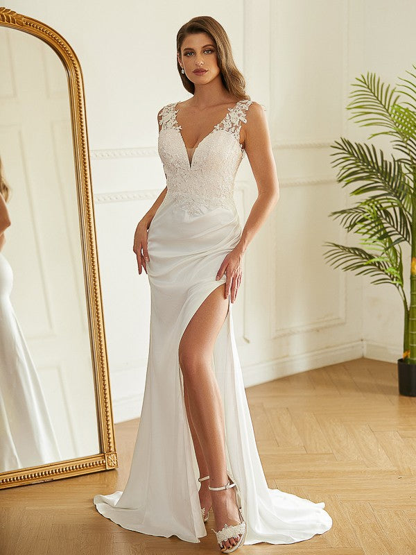 Wholesa  Sheath/Column Charmeuse Lace V-neck Sleeveless Sweep/Brush Train Wedding Dresses