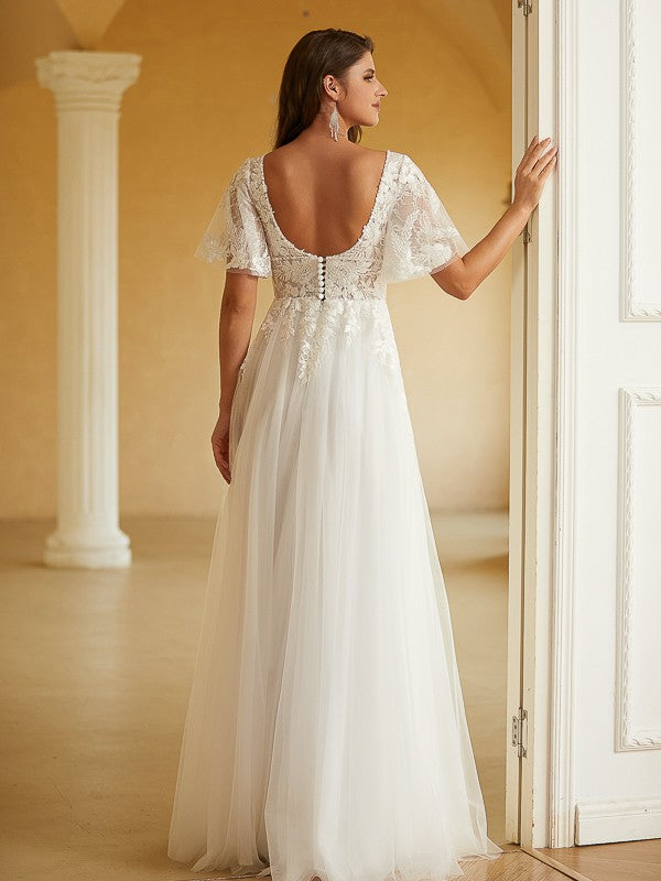 Wholesa A-Line/Princess Tulle Lace V-neck Short Sleeves Floor-Length Wedding Dresses