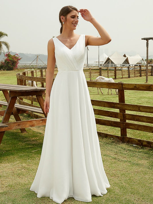 Wholesa A-Line/Princess Chiffon Ruched V-neck Sleeveless Floor-Length Wedding Dresses