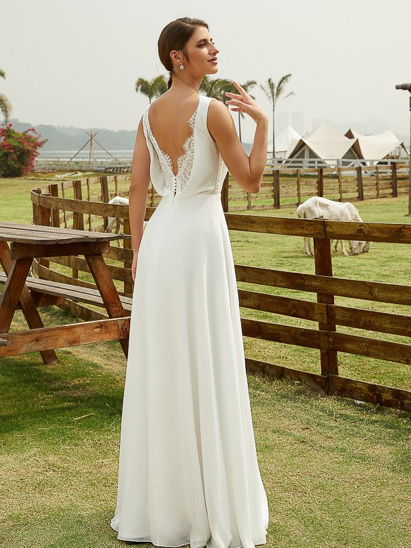 Wholesa A-Line/Princess Chiffon Ruched V-neck Sleeveless Floor-Length Wedding Dresses