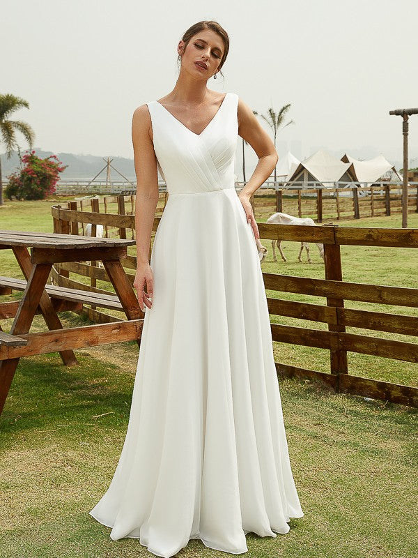 Wholesa A-Line/Princess Chiffon Ruched V-neck Sleeveless Floor-Length Wedding Dresses