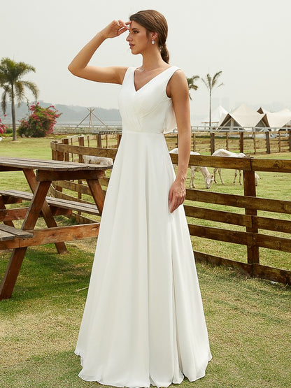 Wholesa A-Line/Princess Chiffon Ruched V-neck Sleeveless Floor-Length Wedding Dresses