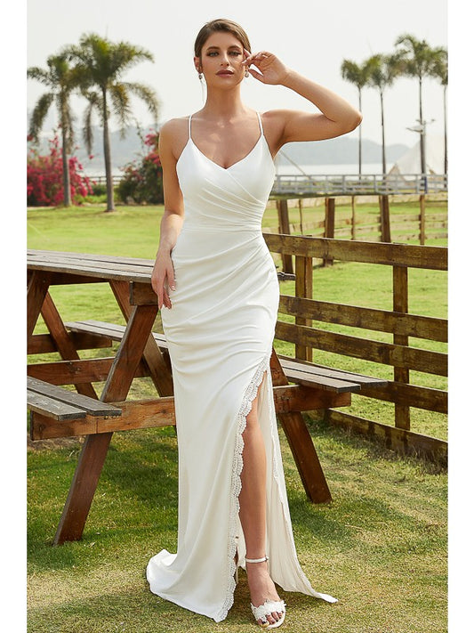 Wholesa  Sheath/Column Jersey Ruched V-neck Sleeveless Sweep/Brush Train Wedding Dresses