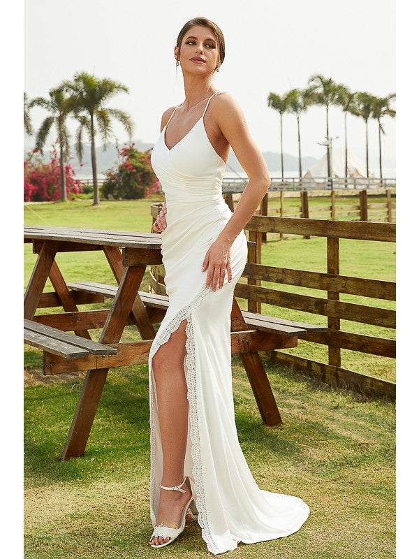 Wholesa  Sheath/Column Jersey Ruched V-neck Sleeveless Sweep/Brush Train Wedding Dresses