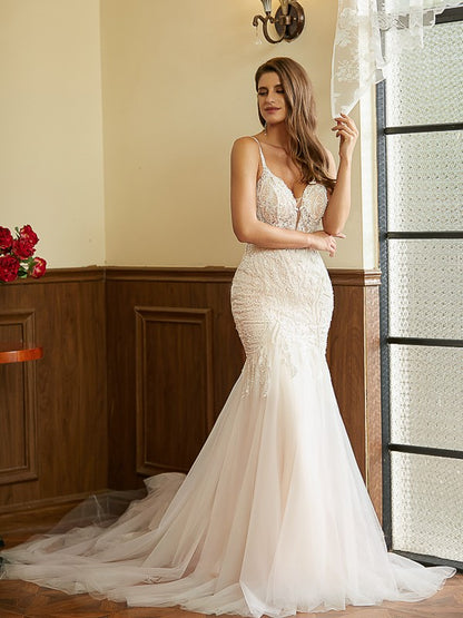 Aimishang  Trumpet/Mermaid Tulle Lace V-neck Sleeveless Cathedral Train Wedding Dresses