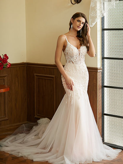 Aimishang  Trumpet/Mermaid Tulle Lace V-neck Sleeveless Cathedral Train Wedding Dresses