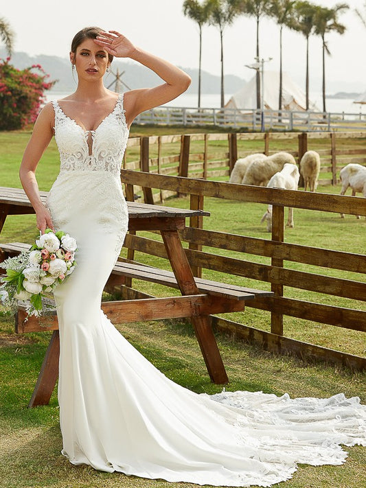 Wholesa  Sheath/Column Stretch Crepe Lace V-neck Sleeveless Cathedral Train Wedding Dresses