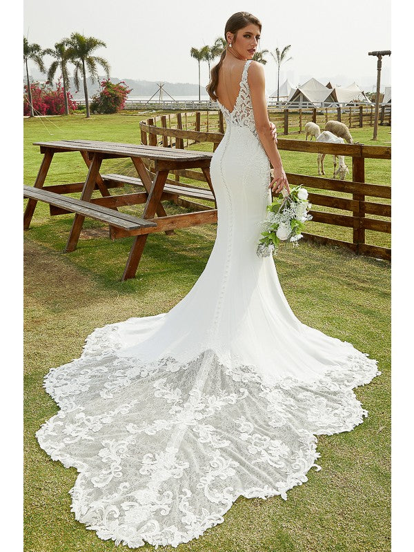 Wholesa  Sheath/Column Stretch Crepe Lace V-neck Sleeveless Cathedral Train Wedding Dresses