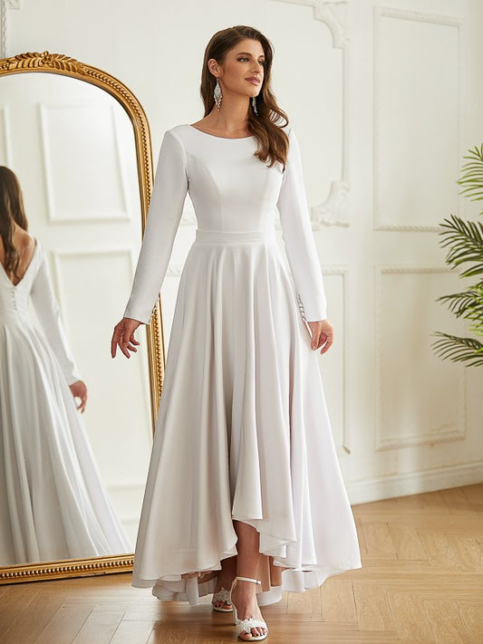 Wholesa  A-Line/Princess Stretch Crepe Ruffles Scoop Long Sleeves Asymmetrical Wedding Dresses