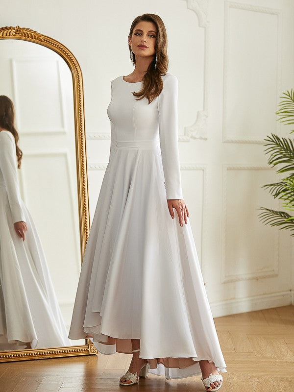 Wholesa  A-Line/Princess Stretch Crepe Ruffles Scoop Long Sleeves Asymmetrical Wedding Dresses