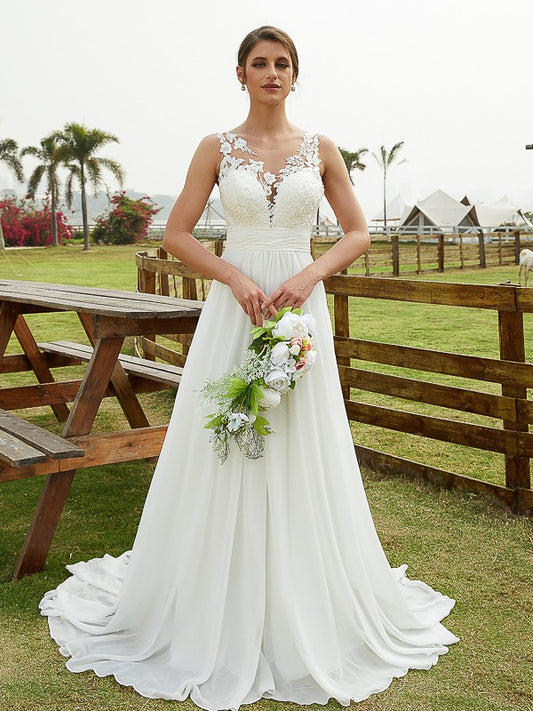 Wholesa  A-Line/Princess Chiffon Lace Scoop Sleeveless Sweep/Brush Train Wedding Dresses