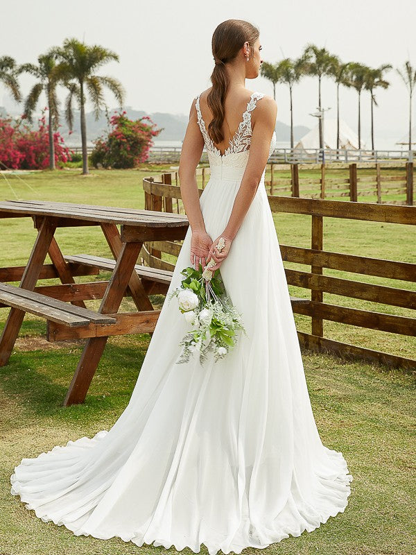 Wholesa  A-Line/Princess Chiffon Lace Scoop Sleeveless Sweep/Brush Train Wedding Dresses