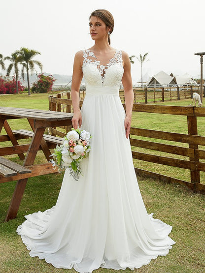 Wholesa  A-Line/Princess Chiffon Lace Scoop Sleeveless Sweep/Brush Train Wedding Dresses