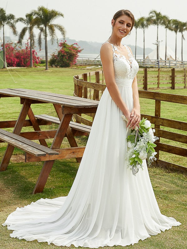 Wholesa  A-Line/Princess Chiffon Lace Scoop Sleeveless Sweep/Brush Train Wedding Dresses