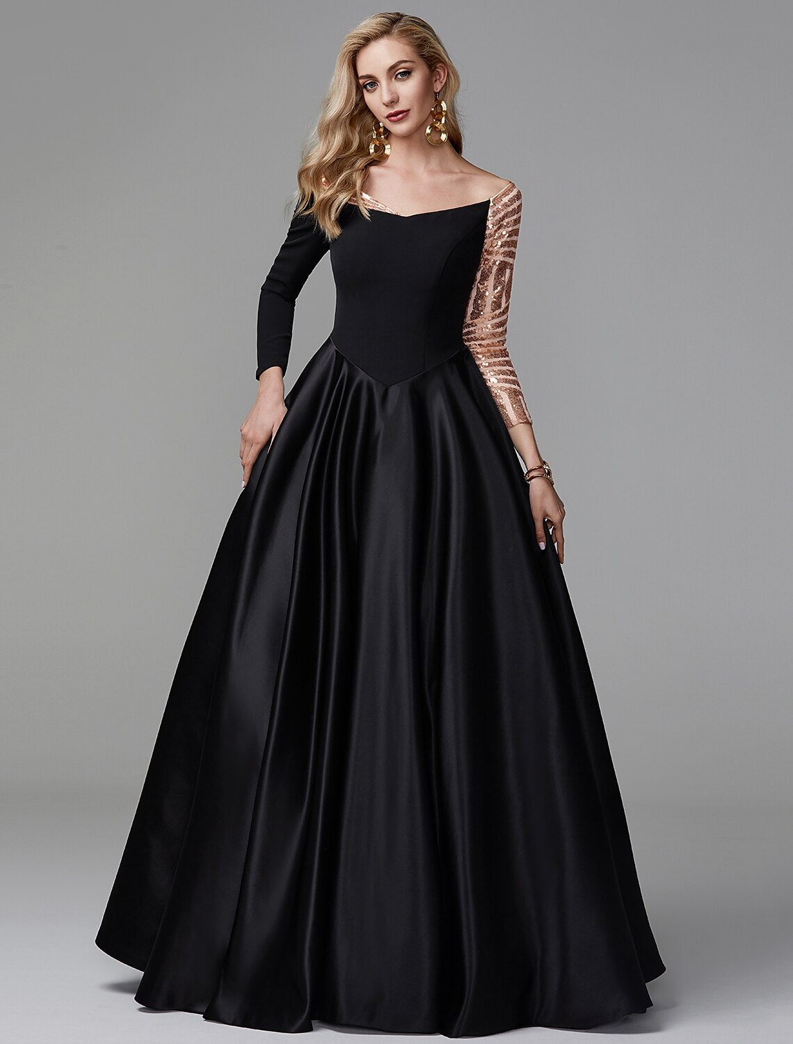 Wholesa Ball Gown Black Dress Vintage Quinceanera Formal Evening Floor Length Long Sleeve Off Shoulder Satin with Sequin