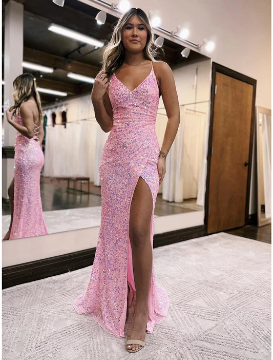 Wholesa Mermaid / Trumpet Prom Dresses Sparkle & Shine Dress Formal Wedding Party Sweep / Brush Train Sleeveless V Neck Sequined Backless with Sequin Slit