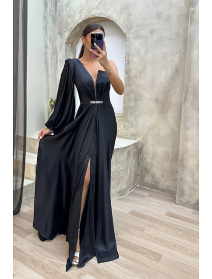 Wholesa A-Line Evening Gown High Split Dress Formal Fall Sweep / Brush Train Long Sleeve One Shoulder Satin with Pleats Crystals Slit