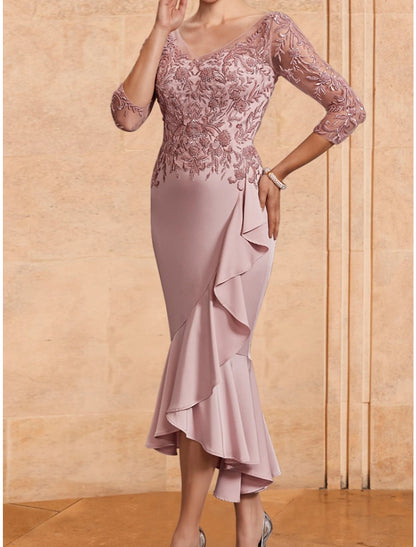 Wholesa  A-Line Mother of the Bride Dress Wedding Guest Elegant V Neck Ankle Length Stretch Fabric 3/4 Length Sleeve with Lace Ruching Solid Color