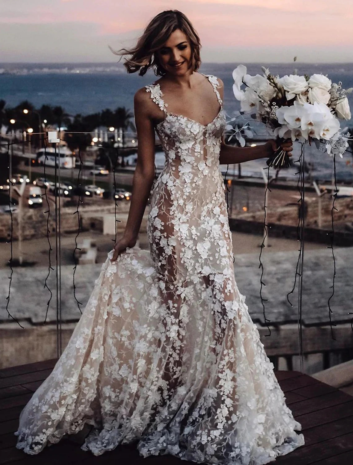 Wholesale Beach Sexy Boho Wedding Dresses Mermaid / Trumpet Sweetheart Regular Straps Court Train Lace Bridal Gowns With Appliques Summer Fall Wedding Party