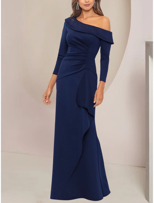 Wholesa A-Line Mother of the Bride Dress Wedding Guest Elegant Party Off Shoulder Floor Length Stretch Fabric Long Sleeve with Ruffles Ruching Solid Color