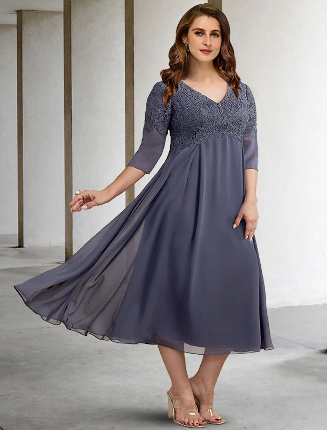 wholesale  A-Line Plus Size Curve Mother of the Bride Dresses Elegant Dress Formal Tea Length Half Sleeve V Neck Chiffon with Buttons Appliques Fall