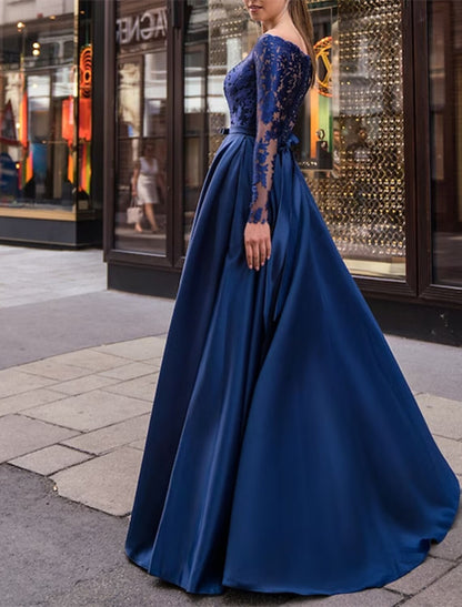 Wholesa A-Line Evening Gown Party Dress Elegant Dress Wedding Guest Fall Floor Length Long Sleeve Off Shoulder Belt / Sash Satin with Appliques