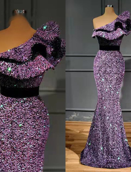 Wholesa  Mermaid / Trumpet Evening Gown Sparkle & Shine Dress Wedding Guest Engagement Sweep / Brush Train Sleeveless One Shoulder Sequined with Sequin Ruffles